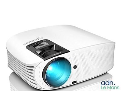 an image of a white projector with a blue light on top of it