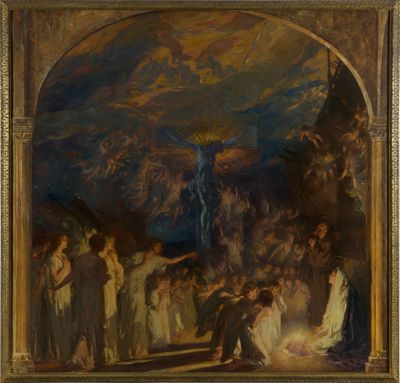 un tableau représentant un groupe de personnes rassemblées autour d'un feu