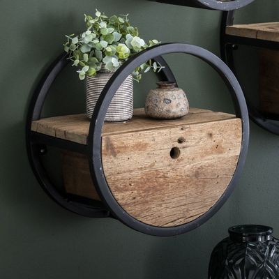 Etagère murale ronde ROUND- en bois brut et métal -40x25x40 … - Photo 1