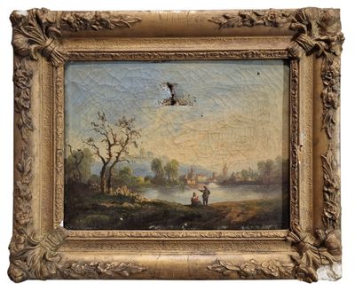 painting of two birds flying over a river with a village in the background