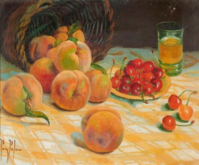 un tableau représentant un panier de pêches et de cerises posé sur une table