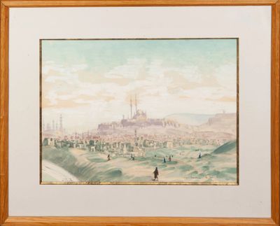 tableau représentant une vue d'une ville avec un château au loin