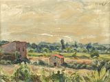 une image représentant un tableau représentant une scène de vie à la ferme, avec une grange au loin
