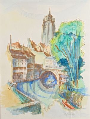 drawing of a painting of a city with a river and a bridge