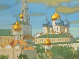 painting of a painting of a city with a church in the background