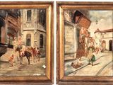 deux tableaux représentant une scène de rue avec un homme à cheval et une femme à cheval