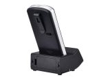a close up of a cell phone on a stand on a white background