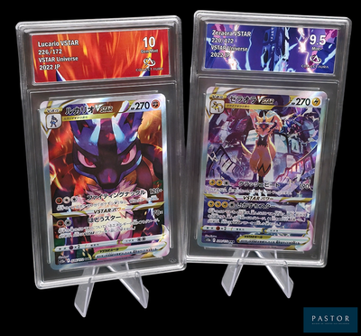Deux cartes Pokémon sont présentées dans des pochettes en plastique sur un fond noir.