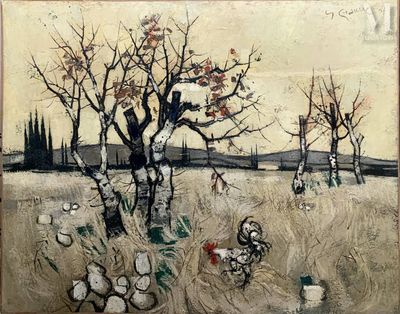 une image représentant un tableau d'un champ avec des arbres et des oiseaux