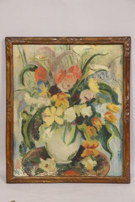 a painting of flowers in a vase on a table