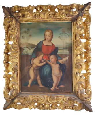 an old painting of a woman holding a child in her lap