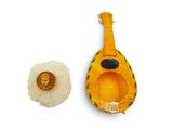 an image of a yellow guitar with a lion head on top of it next to a sheep ' s head