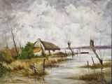 an oil painting of a house by the water with a thatched roof