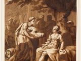 un tableau représentant une femme assise sur une couverture à côté d'un homme