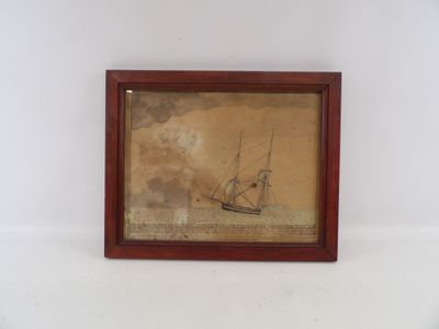 tableau représentant un navire, encadré de bois, accroché à un mur blanc