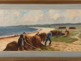 an oil painting of a group of men plowing a beach