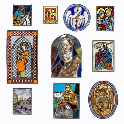 many stained glass pictures of jesus and other religious items