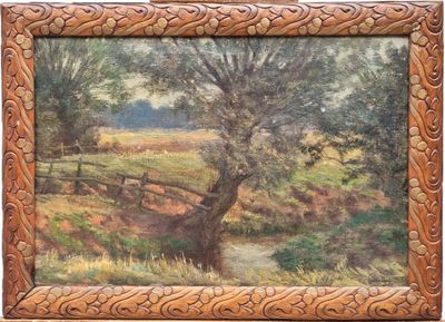 an oil painting of a landscape with a river and a bridge