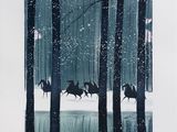 tableau représentant un groupe de personnes à cheval traversant une forêt enneigée