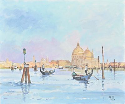 painting of gondola boats in the water with a church in the background