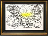 a black and yellow abstract painting with circles on a white background