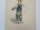 painting of a woman in a blue dress holding a surfboard