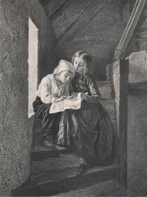 an old black and white drawing of a woman and child reading a book