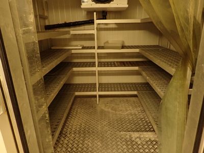 une photo d'une petite pièce avec des étagères et des toilettes