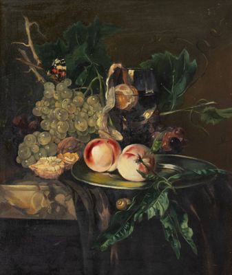tableau représentant une nature morte avec des fruits et un verre de vin posés sur une table