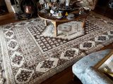 un salon avec une cheminée et un tapis au sol