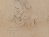 un vieux dessin représentant un enfant assis à une table, une bouteille à la main