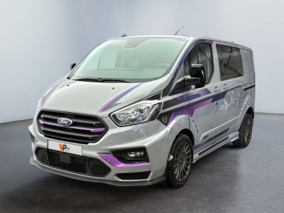 ford transit van with purple and white stripes parked in a white room
