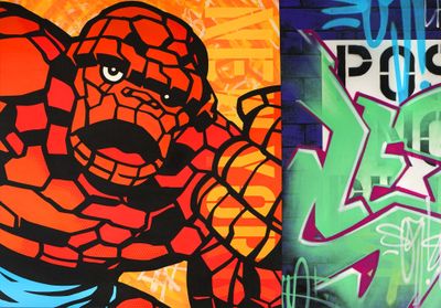 a painting of a spider - man on a wall next to a wall with graffiti on it
