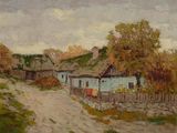 an image of a painting of a dirt road with houses in the background