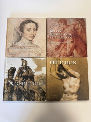 quatre livres sur la couverture d'un livre illustrée d'un tableau représentant une femme