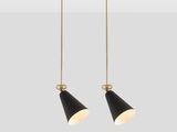 a pair of black and gold pendant lights hanging from a ceiling