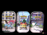 three tins of pokemon cards on a black background
