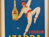 une vieille affiche représentant un homme tenant une bouteille d'alcool