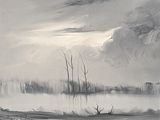 une peinture en noir et blanc représentant un lac et des arbres