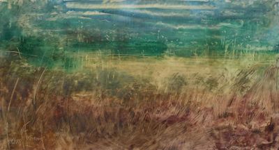 a painting of a field of grass with a sky in the background