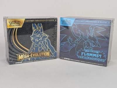 deux boîtes de cartes à collectionner Pokémon posées sur une surface blanche