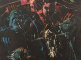 a painting of a group of people standing in front of a black background