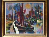 painting of a boat docked in a harbor with buildings in the background