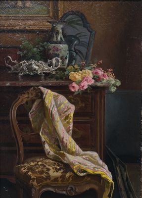 une image représentant un tableau sur lequel figurent une chaise et une table sur laquelle est posé un vase