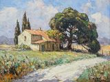 an oil painting of a house and trees in a field