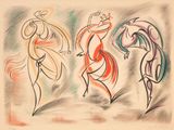 drawing of a group of people dancing in a line