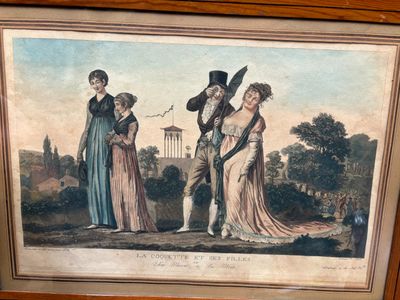 un vieux tableau représentant deux personnes debout l'une à côté de l'autre