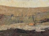 painting of a landscape with a boat in the foreground and a mountain in the background