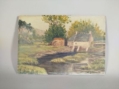 une image représentant une peinture d'une maison et d'un ruisseau dans un champ