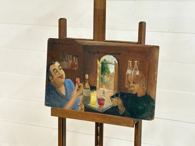 une peinture représentant un homme et une femme assis à une table